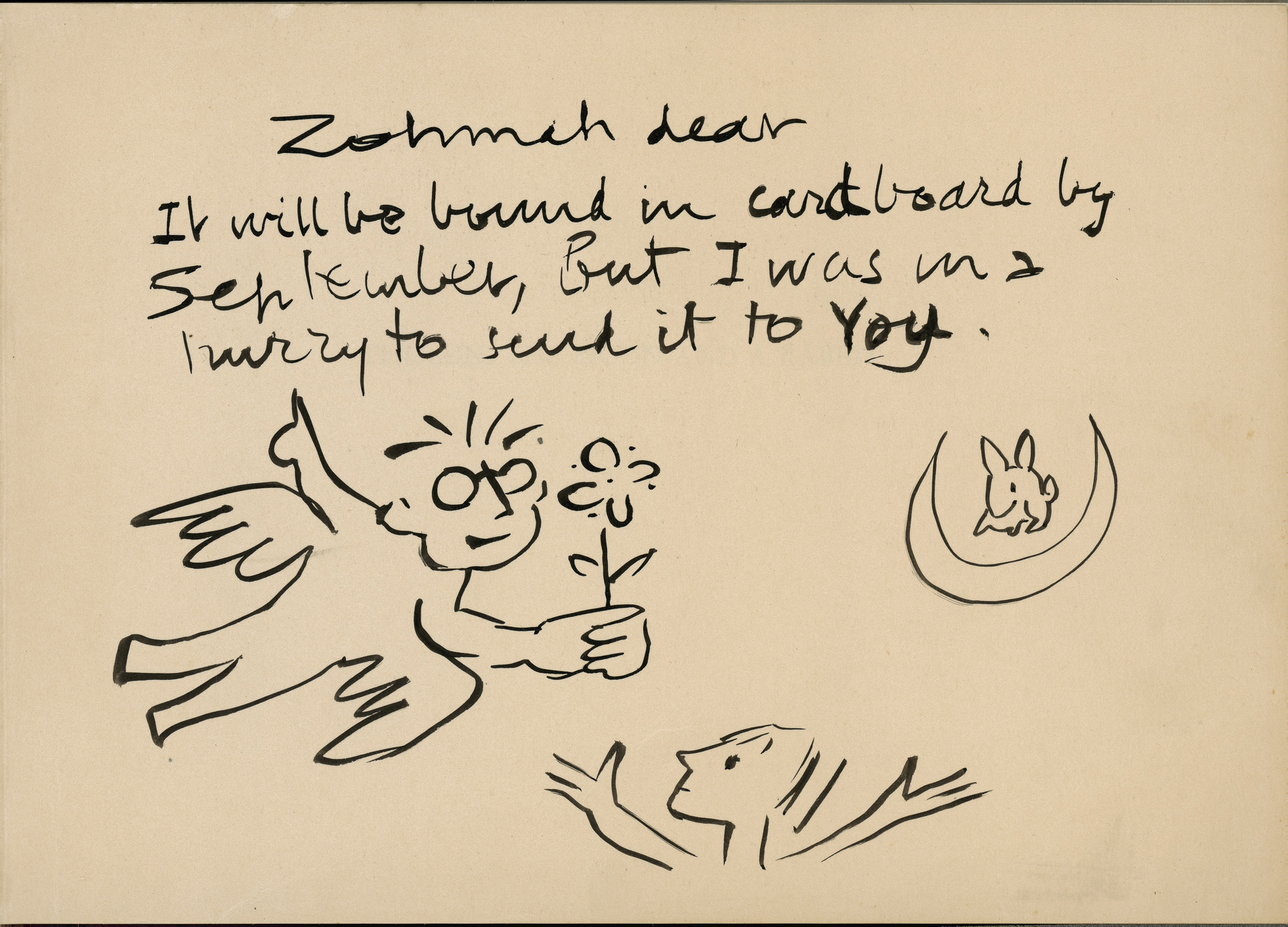 Personal note from Jean Charlot to Zohmah Charlot written on blank page at front of a copy of 'The Sun, the Moon and a Rabbit', written by Amelia Martinez del Rio.