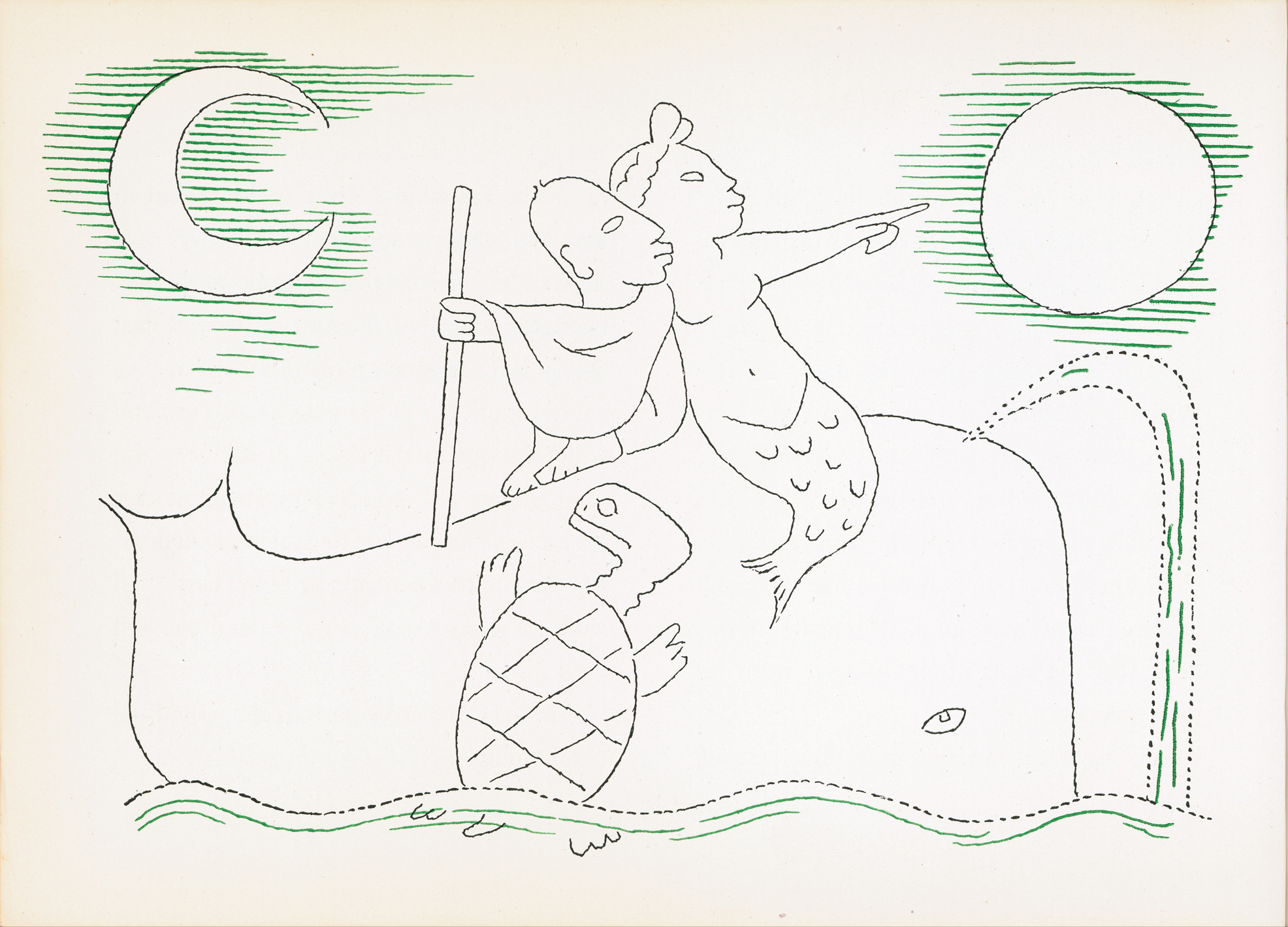 'Whales, turtles and mermaids' by Jean Charlot in 'The Sun, the Moon and a Rabbit' written by Amelia Martinez del Rio.