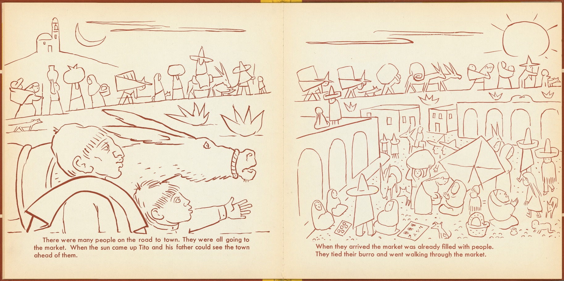Pages 10–11 of 'Tito's Hats' written by Melchor G. Ferrer.  Illustrations by Jean Charlot.