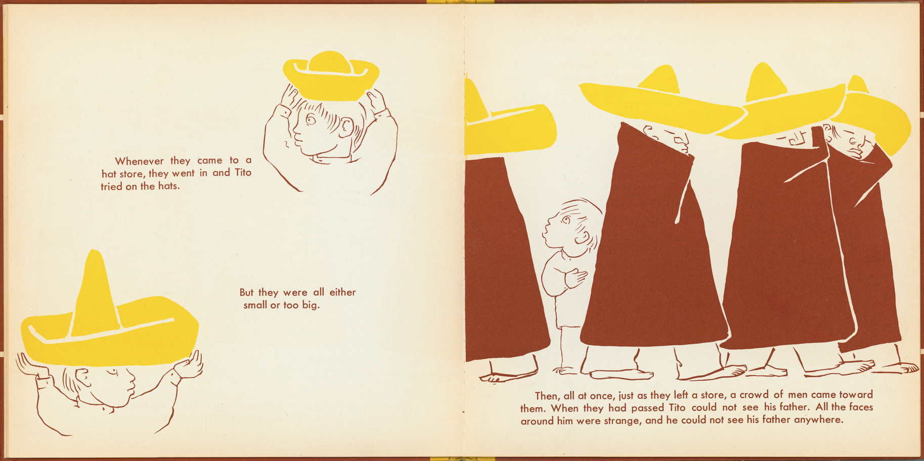 Pages 12–13 of 'Tito's Hats' written by Melchor G. Ferrer.  Illustrations by Jean Charlot.