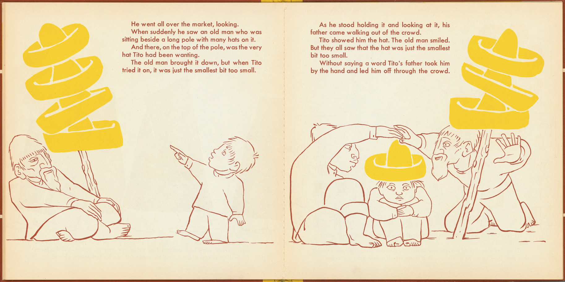 Pages 14–15 of 'Tito's Hats' written by Melchor G. Ferrer.  Illustrations by Jean Charlot.