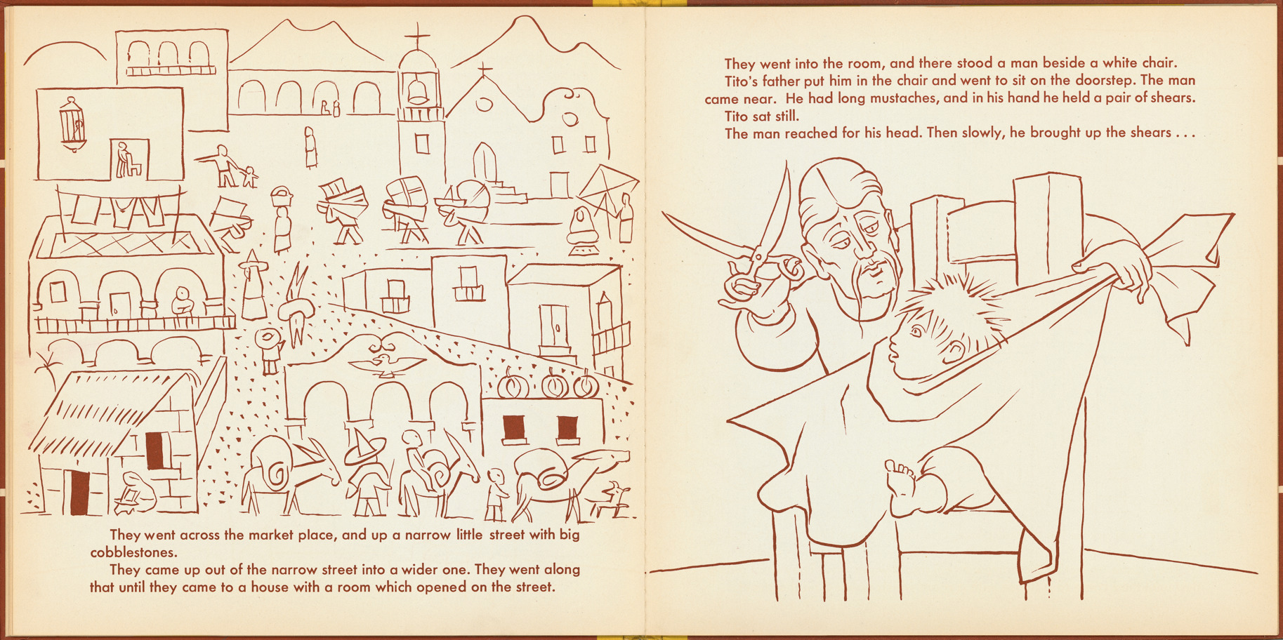 Pages 16–17 of 'Tito's Hats' written by Melchor G. Ferrer.  Illustrations by Jean Charlot.