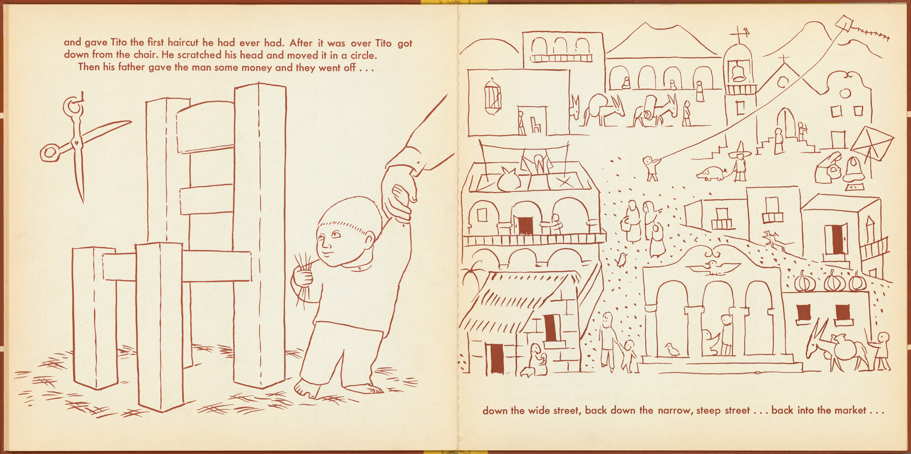 Pages 18–19 of 'Tito's Hats' written by Melchor G. Ferrer.  Illustrations by Jean Charlot.