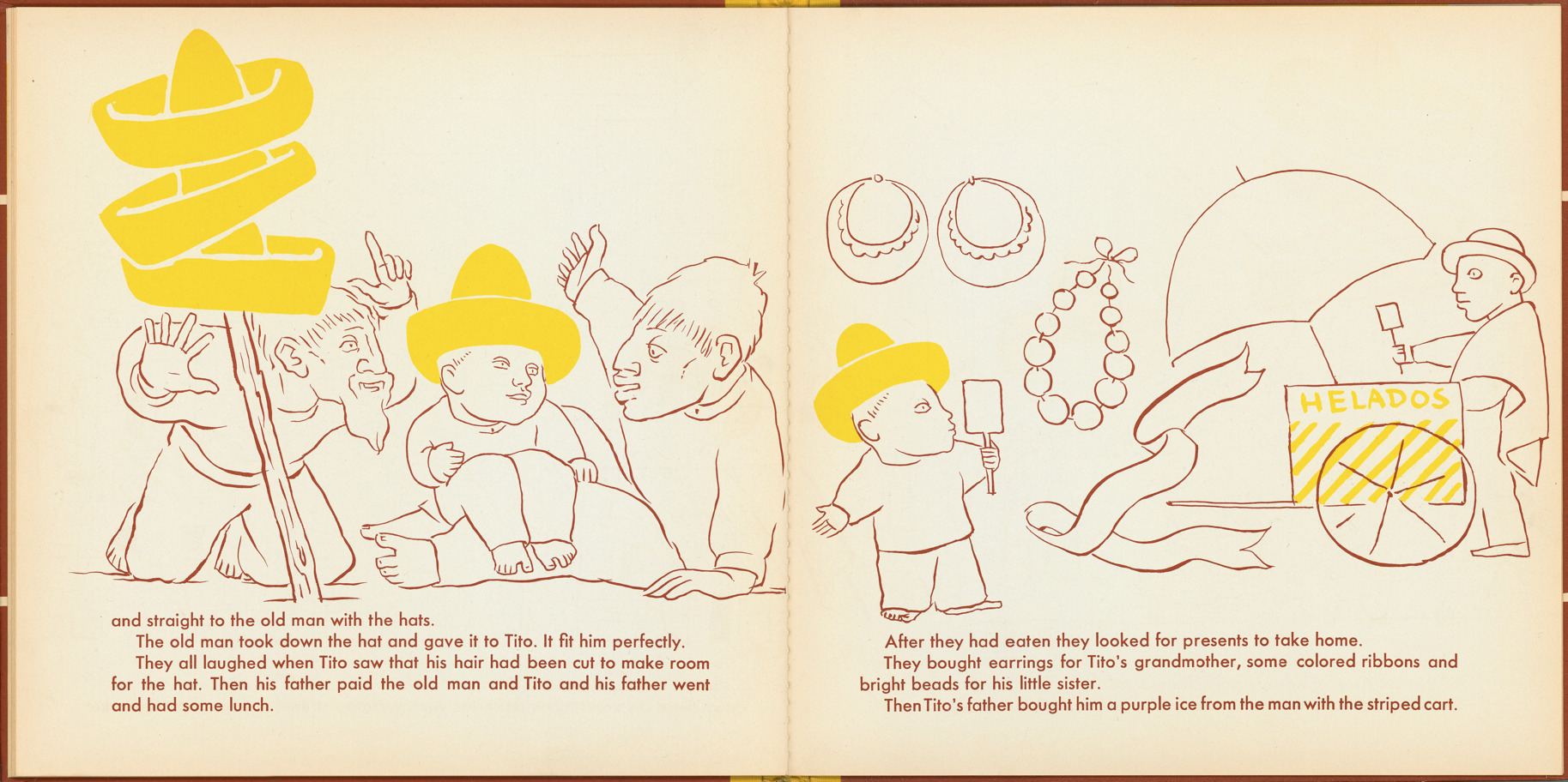 Pages 20–21 of 'Tito's Hats' written by Melchor G. Ferrer.  Illustrations by Jean Charlot.