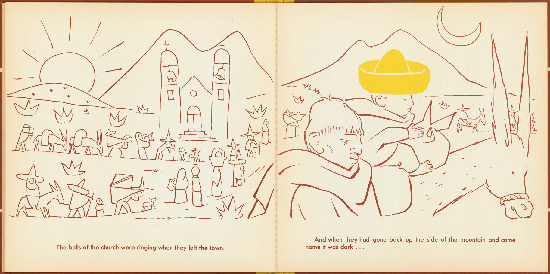 Pages 22–23 of 'Tito's Hats' written by Melchor G. Ferrer.  Illustrations by Jean Charlot.