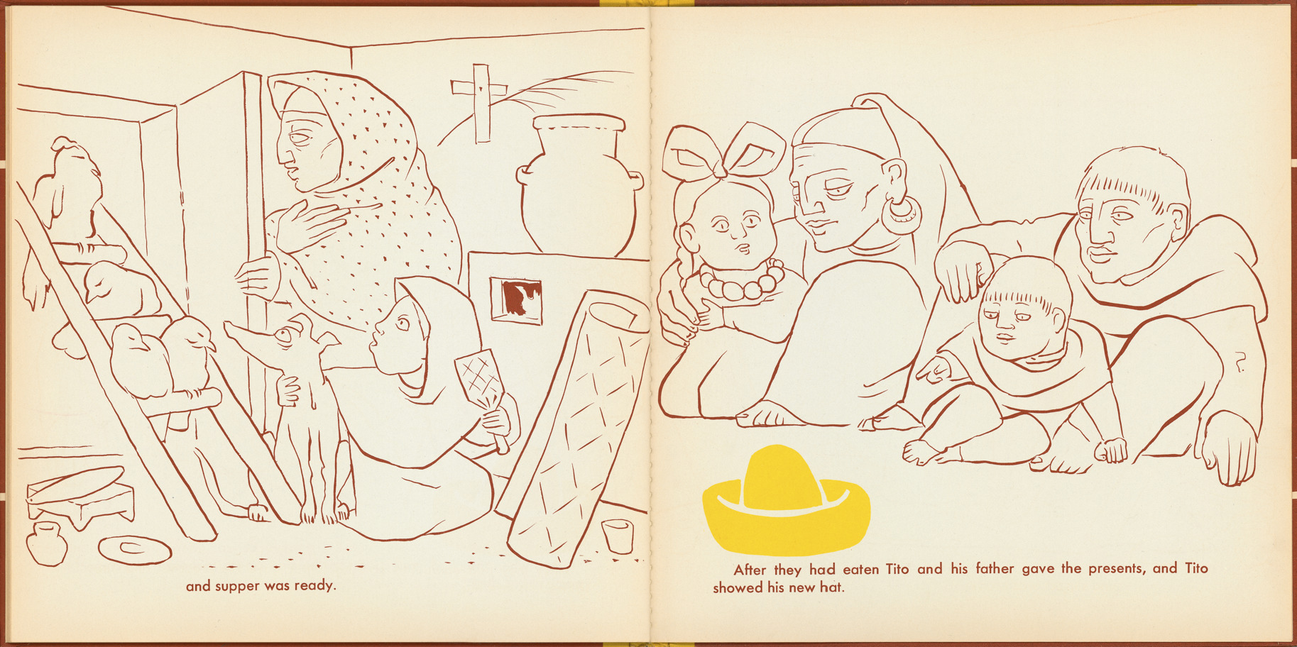 Pages 24–25 of 'Tito's Hats' written by Melchor G. Ferrer.  Illustrations by Jean Charlot.