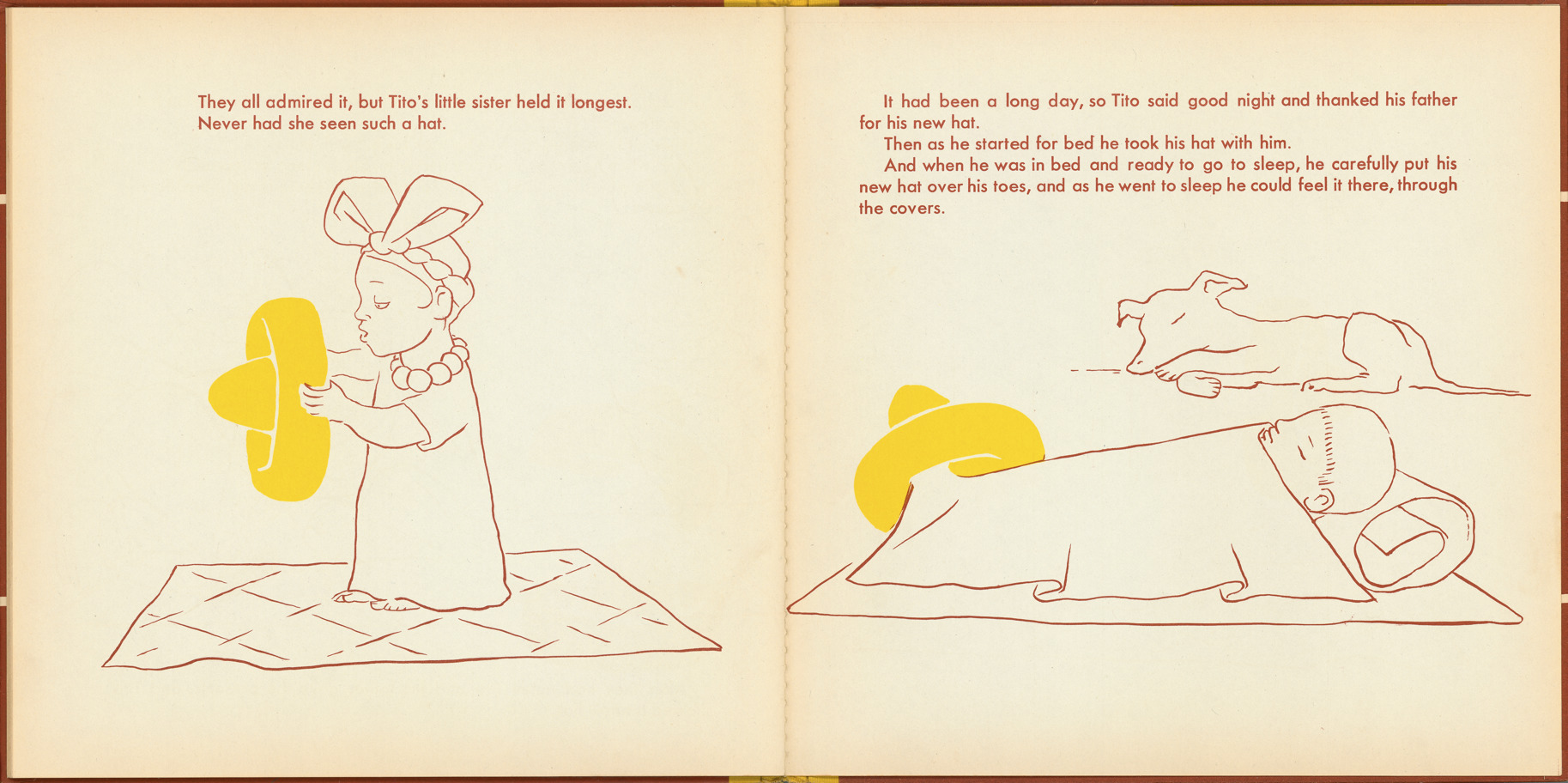 Pages 26–27 of 'Tito's Hats' written by Melchor G. Ferrer.  Illustrations by Jean Charlot.