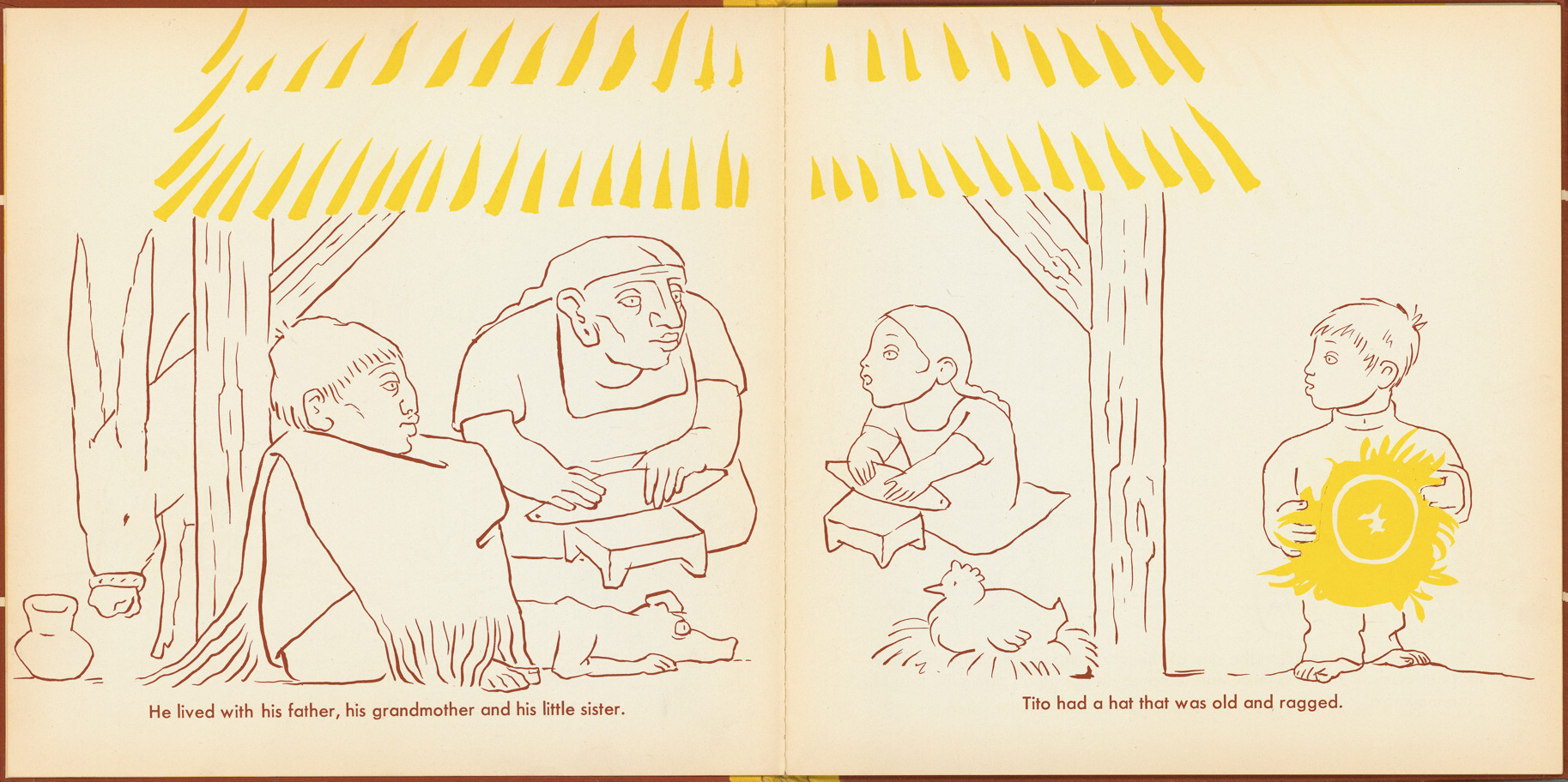 Pages 4–5 of 'Tito's Hats' written by Melchor G. Ferrer.  Illustrations by Jean Charlot.