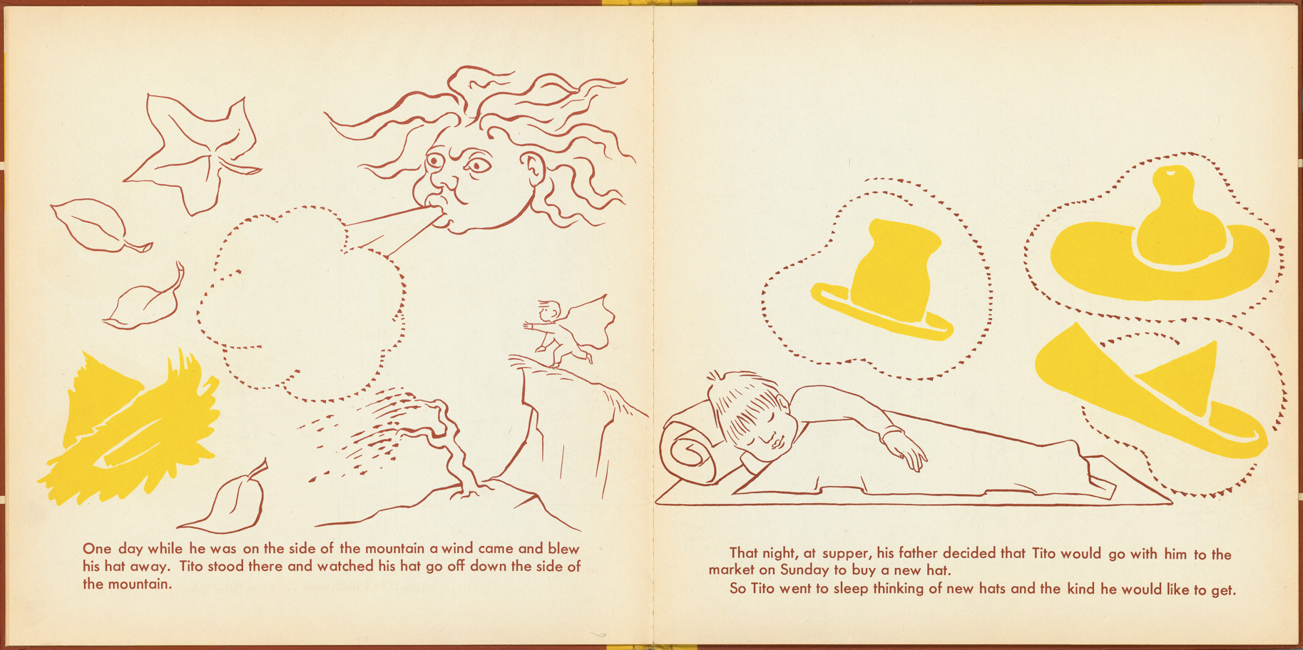 Pages 6–7 of 'Tito's Hats' written by Melchor G. Ferrer.  Illustrations by Jean Charlot.