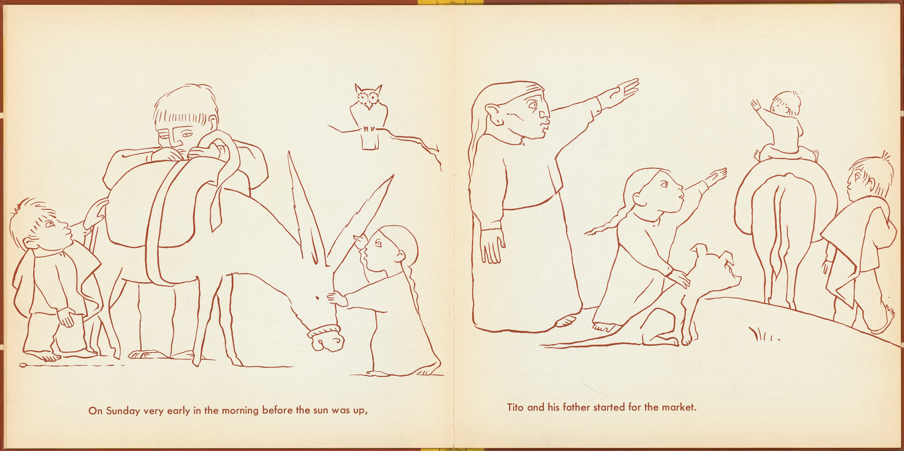 Pages 8–9 of 'Tito's Hats' written by Melchor G. Ferrer.  Illustrations by Jean Charlot.