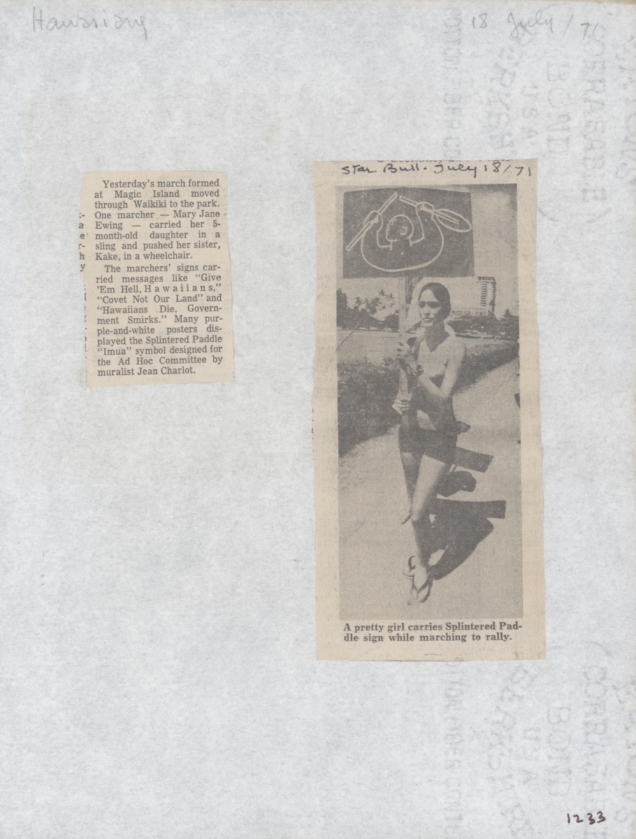 Newspaper clippings of text and photo for protest march with poster of 'Broken paddle'.  Honolulu Star-Bulletin.  1971 July 18.