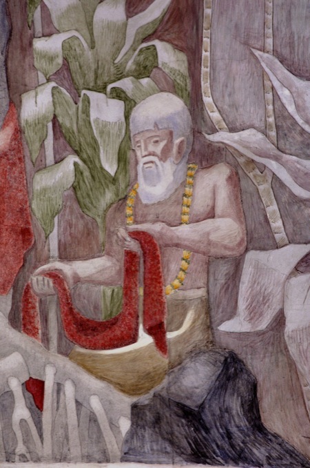 Early Contacts of Hawaiʻi with Outer World.  Jean Charlot.  1966.  Detail of bearded kahuna elder holding red sash.