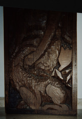 Polychrome wood sculpture, unfinished bas-relief.  La Virginité, bottom.  Jean Charlot.