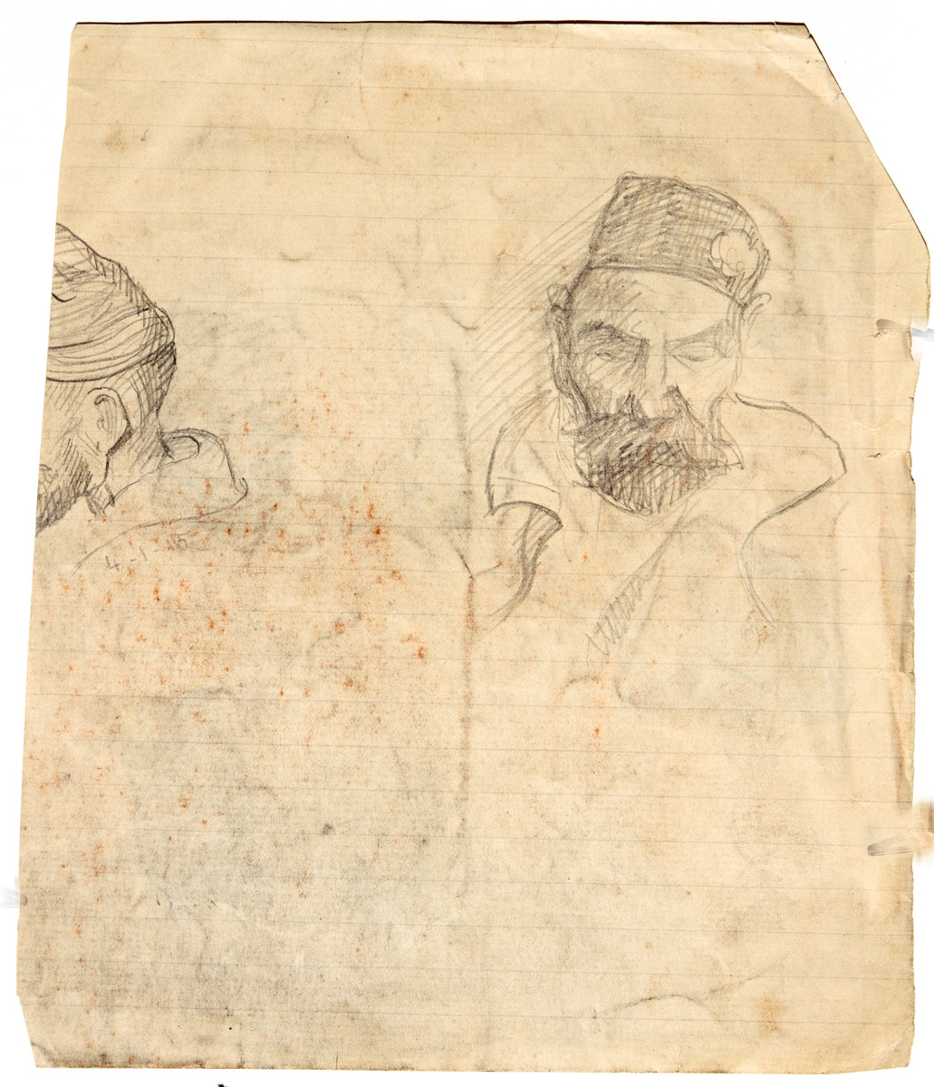 Pencil on paper.  Two portraits of Henri Charlot sick, one cut off.  Jean Charlot.