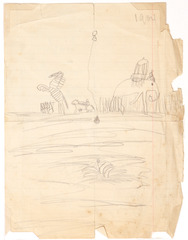 Pencil on paper.  Zebra, elephant with riding platform, horse and rider, in landscape.  Jean Charlot.