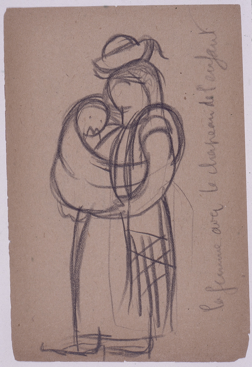 Paper and pencil.  US-14 Recto: woman with child, wearing child's hat.  Jean Charlot.