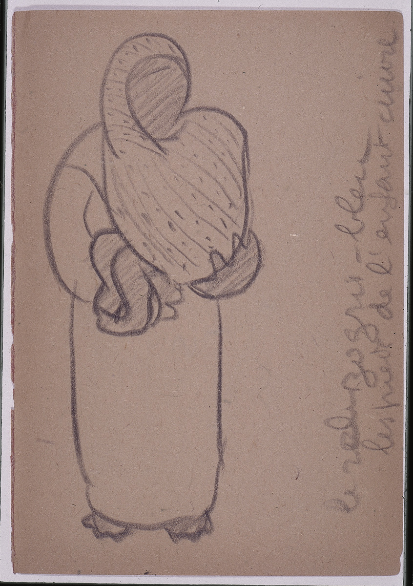 Paper and pencil.  US-15 Recto: woman carrying child in robozo from front.  Jean Charlot.