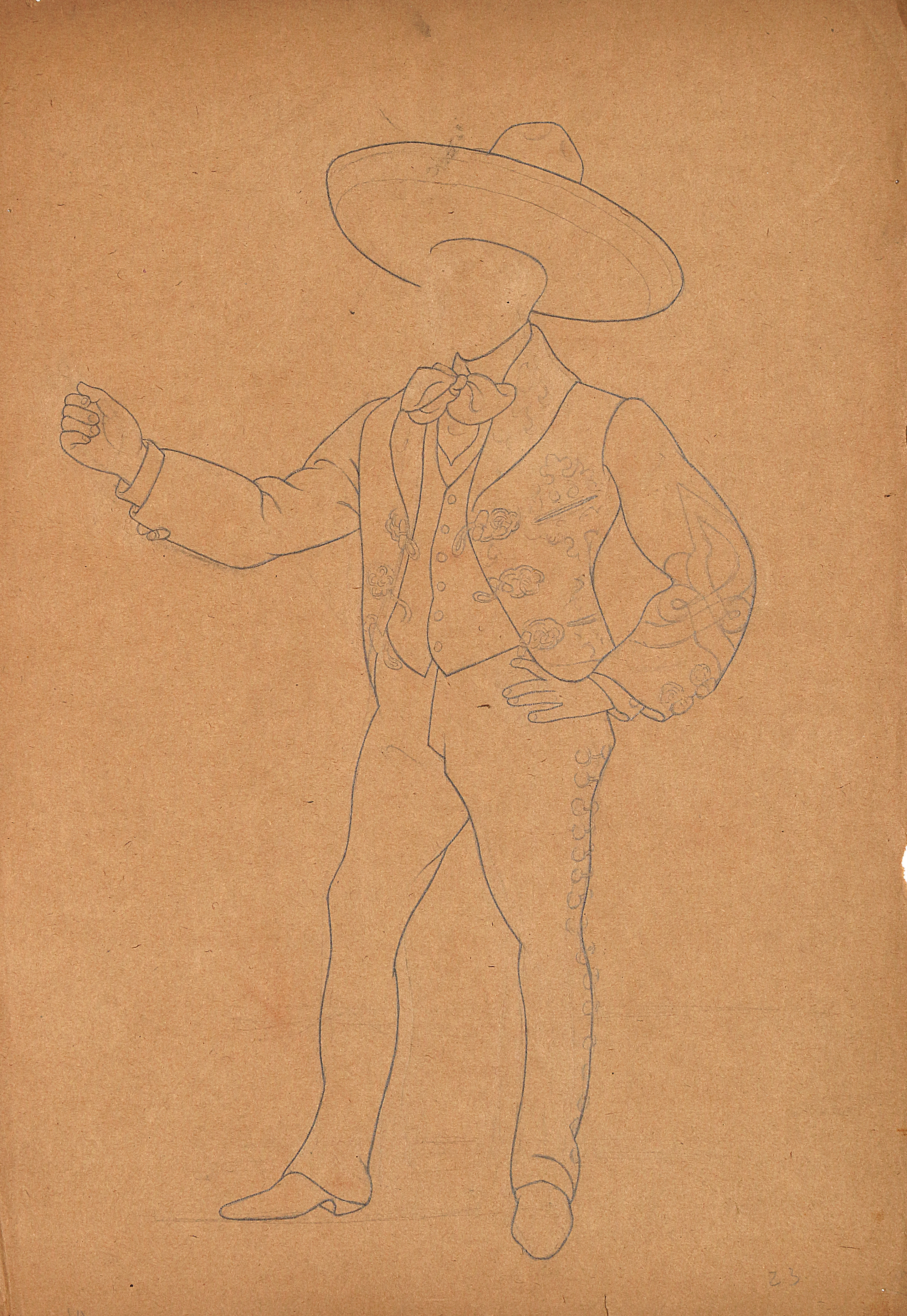 Pencil on paper.  Charro in dance costume, one hand on hip, the other in a dance gesture, as if leading a woman forwards.  Jean Charlot.