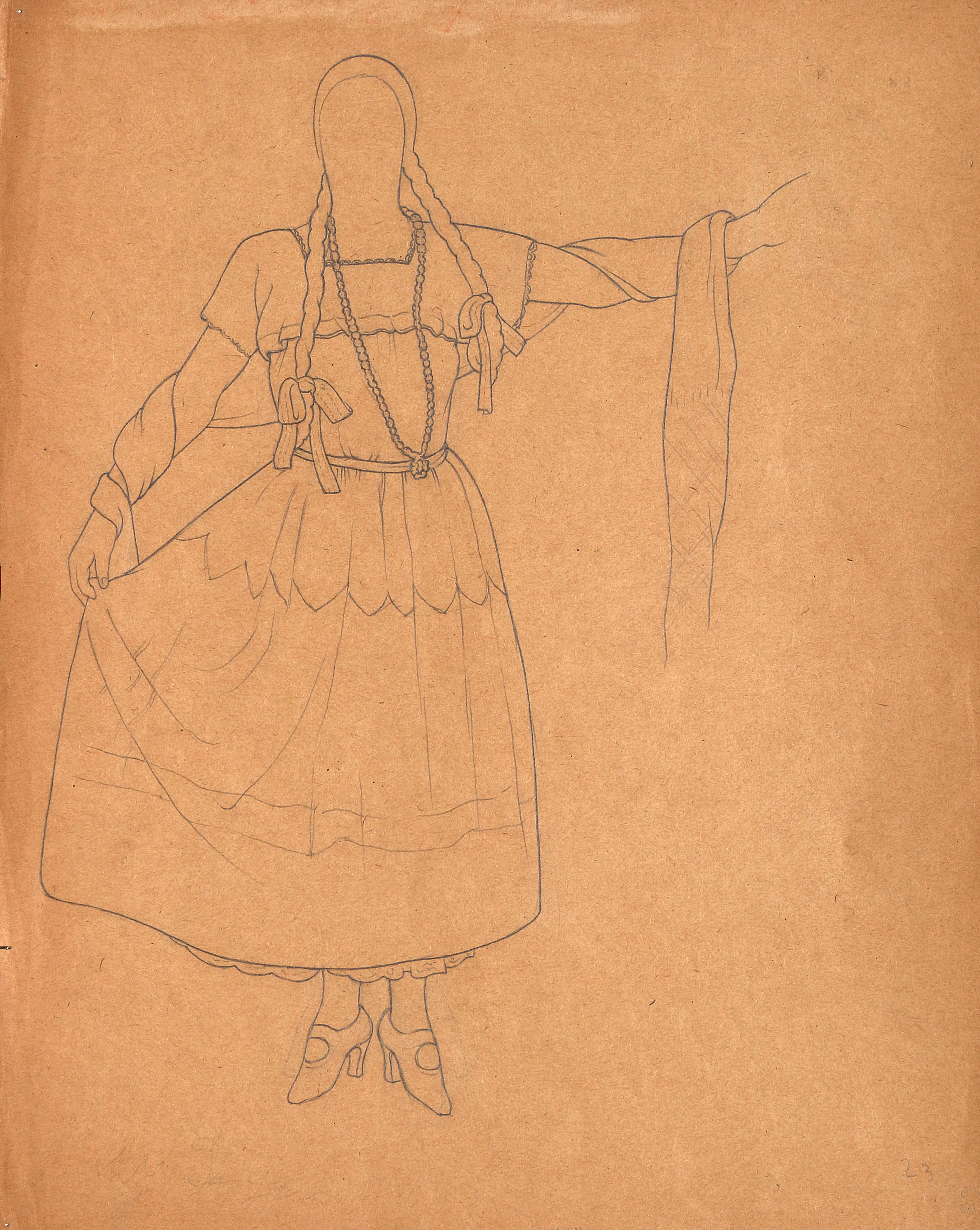 Pencil on paper.  Woman in dance costume.  Jean Charlot.