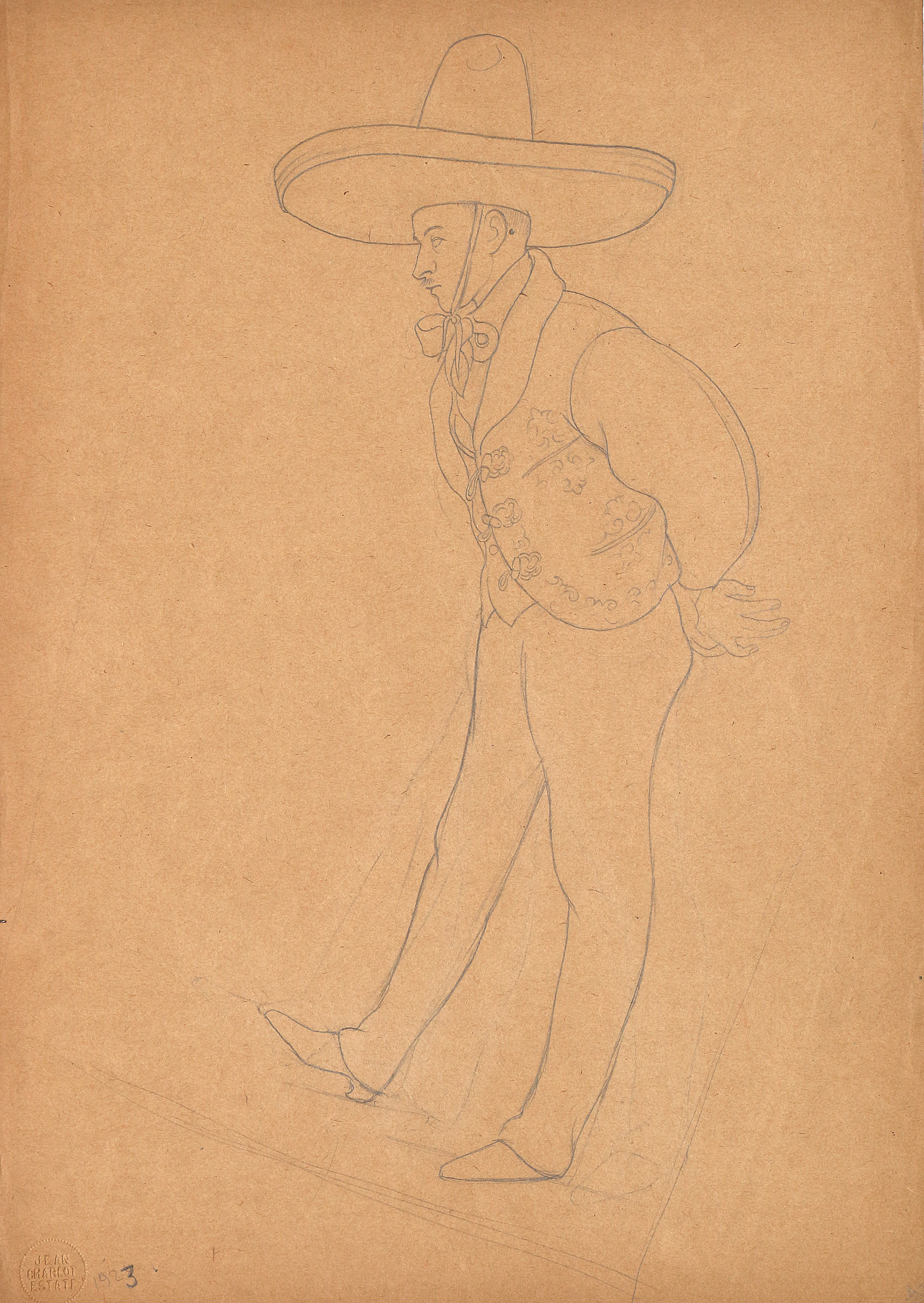 Pencil on paper.  Charro, in dance costume, hands behind back, right foot forward and on heel.  Jean Charlot.