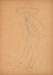 Pencil on paper.  Charro, in dance costume, hands behind back, right foot forward and on heel.  Jean Charlot.