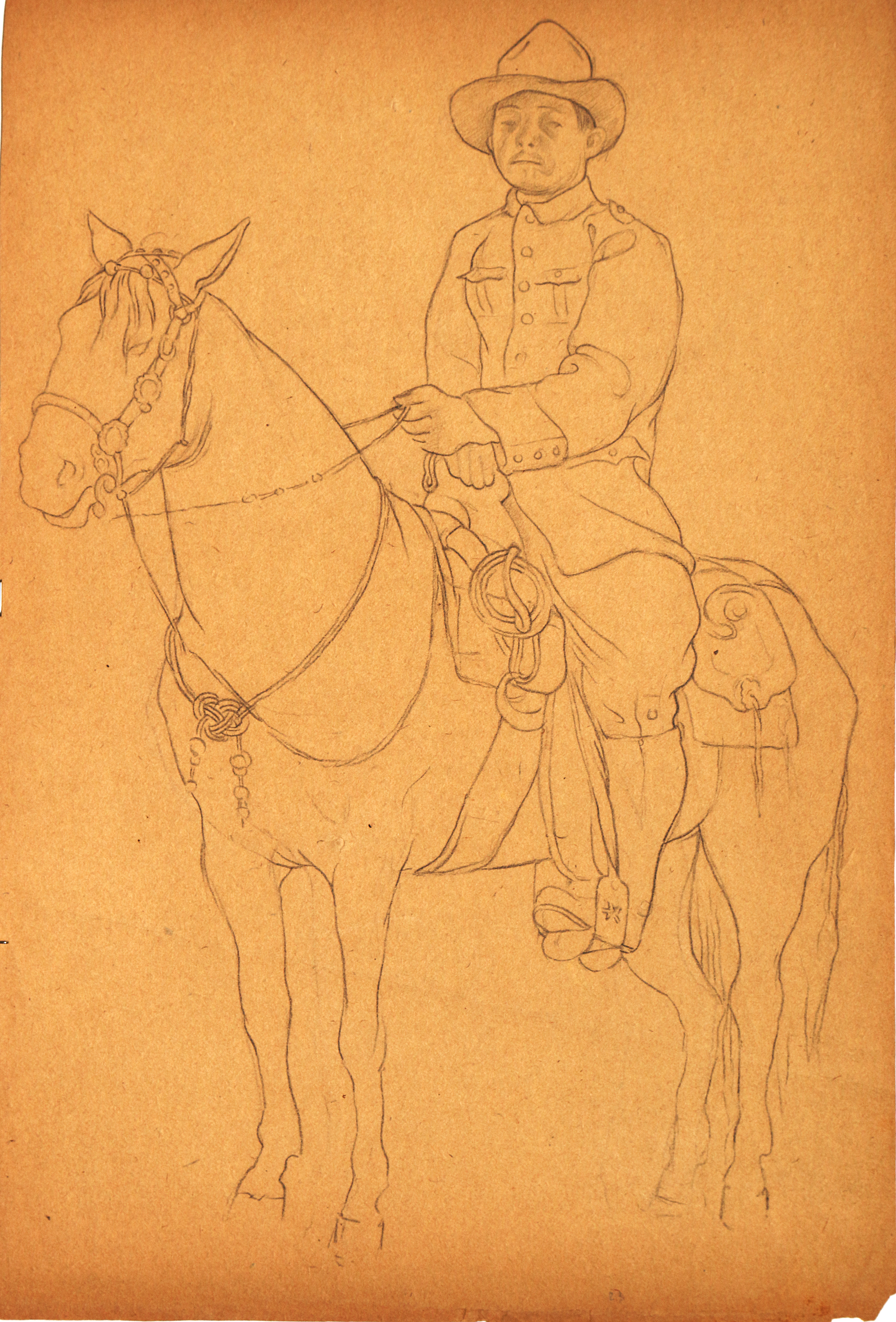 Pencil on paper.  Mounted soldier, army uniform.  Jean Charlot.