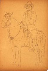 Pencil on paper.  Mounted soldier, army uniform.  Jean Charlot.