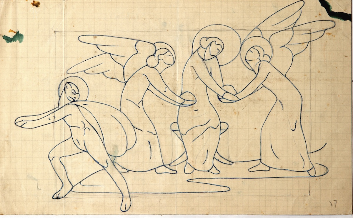 Pencil covered with blue ink.  Jesus Being Succored by Angels after the Temptation in the Desert.  Jean Charlot.