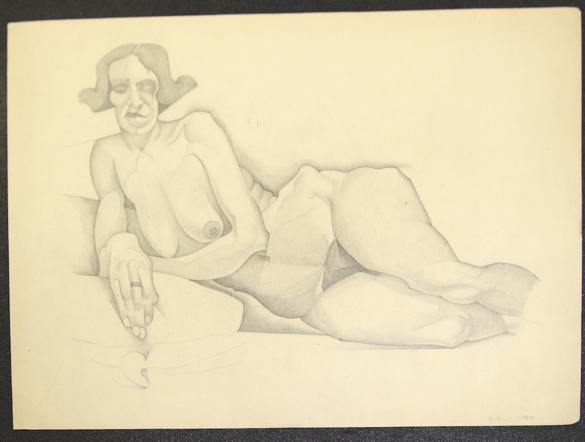 Pencil.  Female Nude, Studio Model, Lying on Side, with shading.  Jean Charlot.
