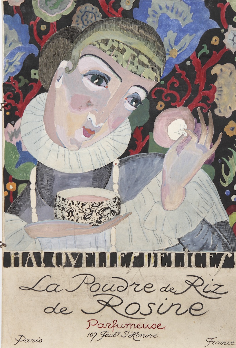 Pencil, ink, and gouache on board.  La Poudre de Riz de Rosine, Parfumerie, 107 Faubg. St. Honoré, Paris, France: Ha ! Quelles Délices !.  Jean Charlot.