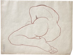 Paper and pencil.  Female nude, sitting on floor, seen from back.  Jean Charlot.