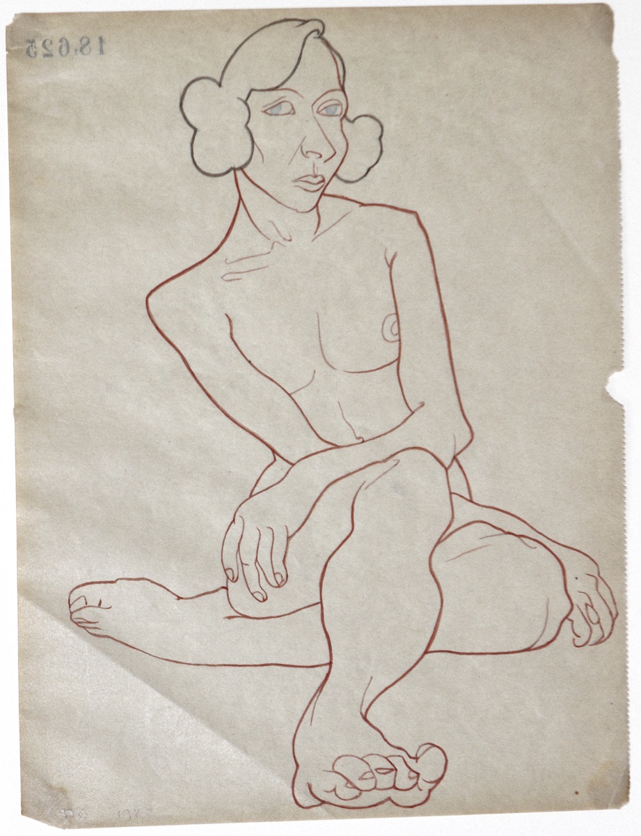 Paper and pencil.  Female nude, short hair, sitting on floor, one leg under other.  Jean Charlot.