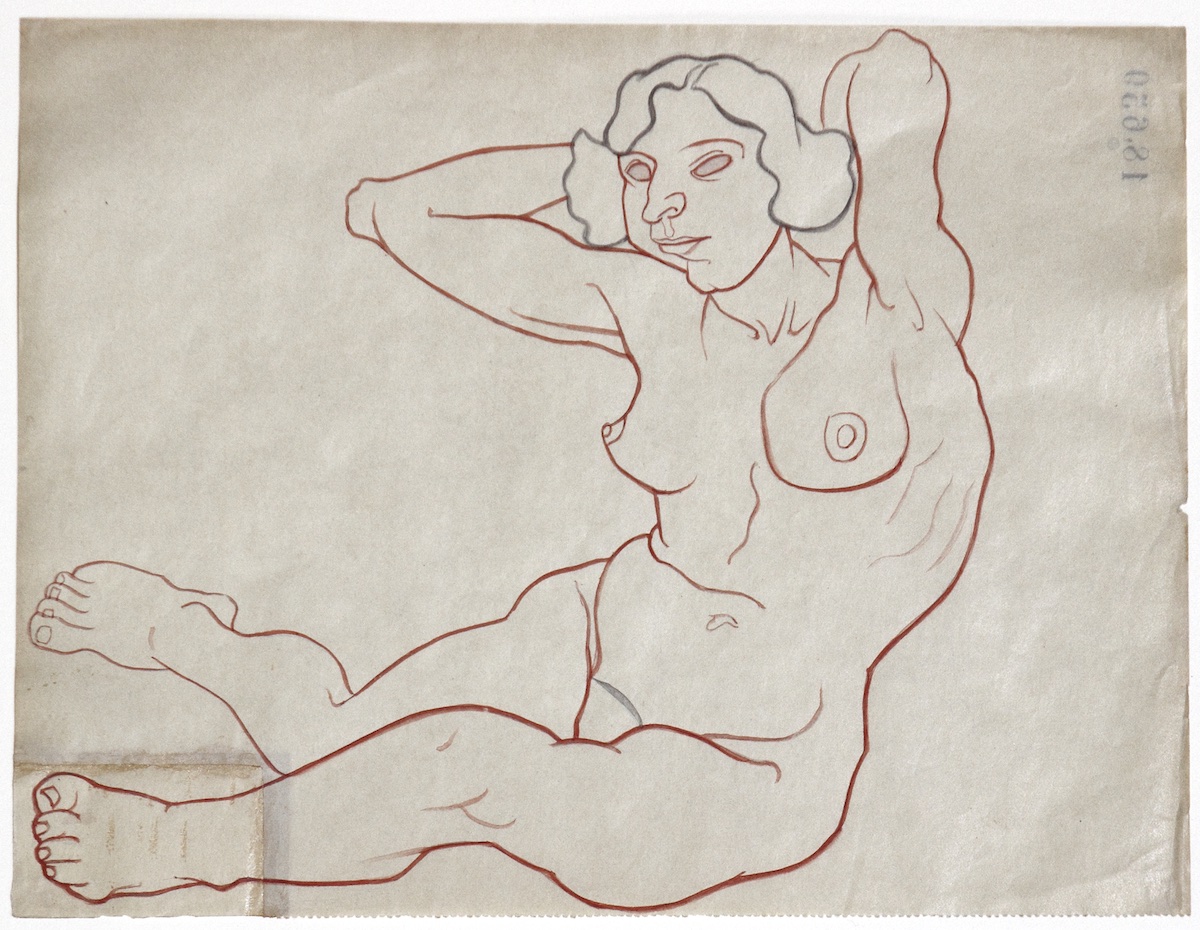 Paper and pencil.  Female nude, short hair, sitting on floor, legs forward, hands behind head.  Jean Charlot.