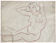 Paper and pencil.  Female nude, short hair, sitting on floor, legs forward, hands behind head.  Jean Charlot.