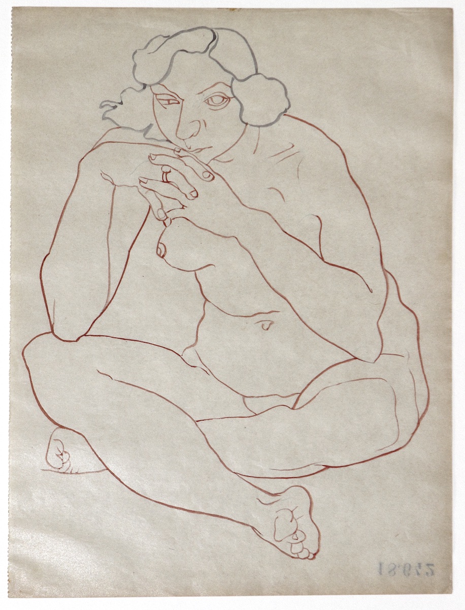 Paper and pencil.  Female nude, short hair, sitting on floor, legs crossed, hands at chin.  Jean Charlot.