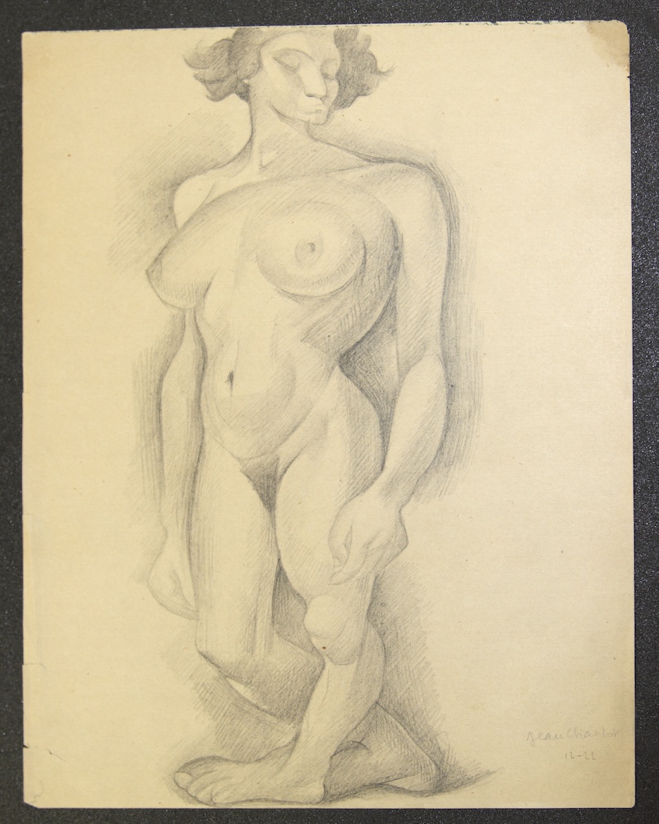 Paper and pencil.  Standing nude, looking left.  Jean Charlot.