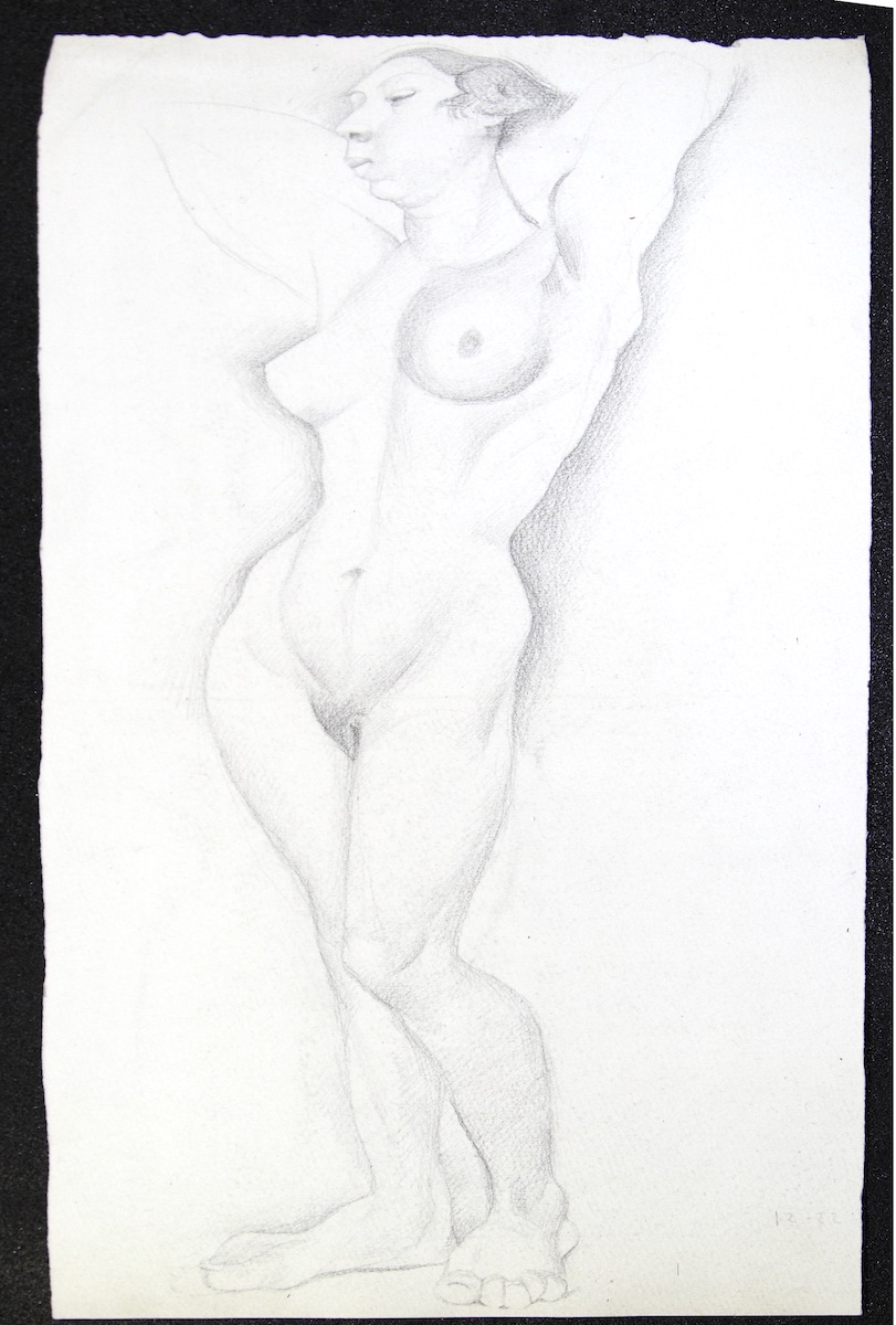 Paper and pencil.  Standing nude, left arm raised.  Jean Charlot.