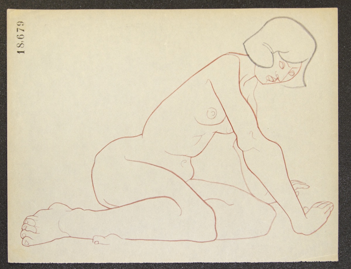 Paper and pencil.  Female nude, sitting on haunches, hands on floor.  Jean Charlot.