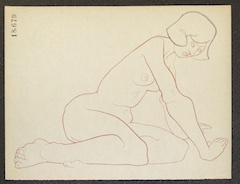 Paper and pencil.  Female nude, sitting on haunches, hands on floor.  Jean Charlot.