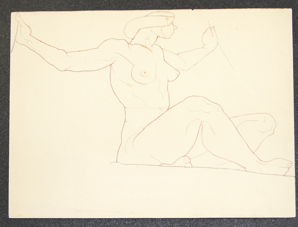 Paper and pencil.  Female nude, sitting up, arms extended.  Jean Charlot.