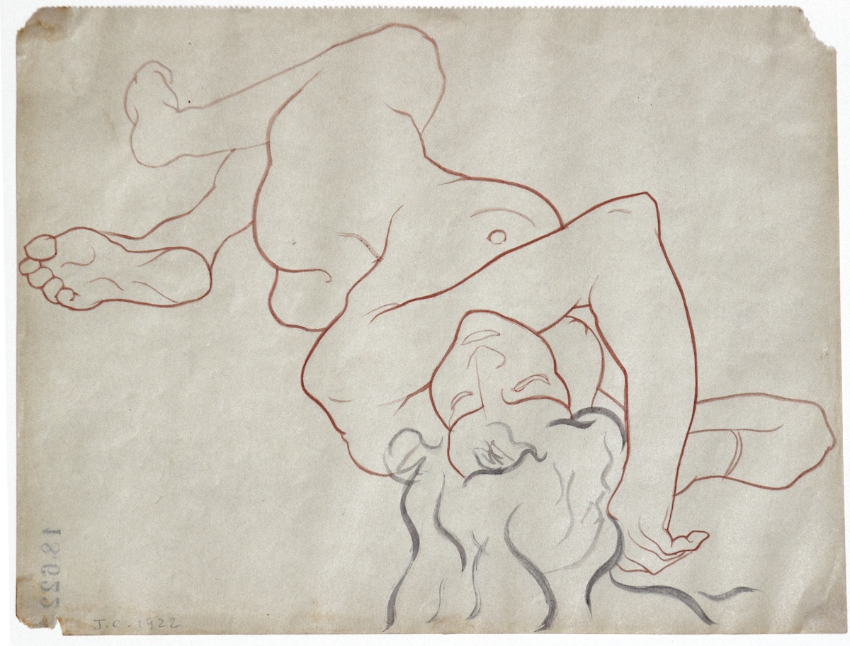 Paper and pencil.  Female nude, lying on side, knee and elbow up, seen three-quarters from front.  Jean Charlot.