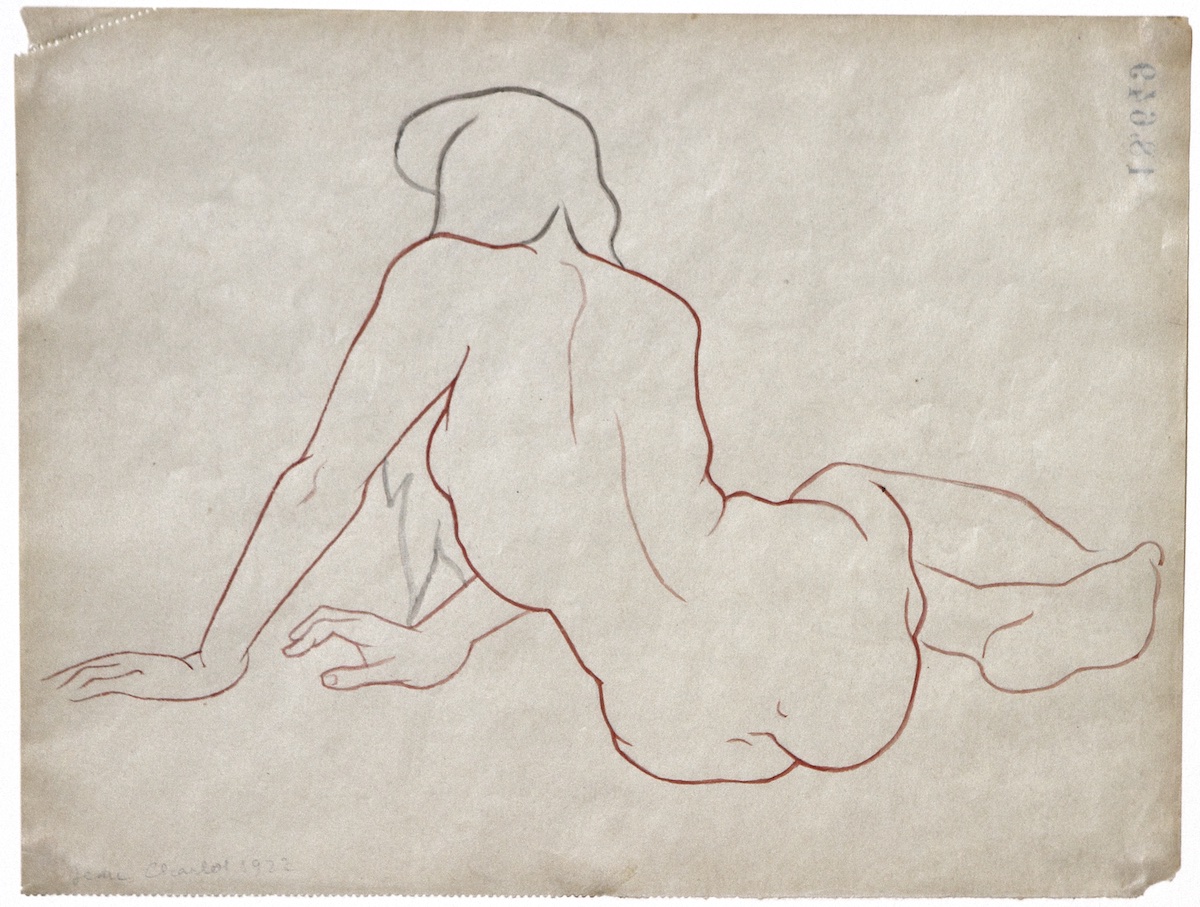 Paper and pencil.  Female nude, long hair, seated on floor, two hands on floor in front of her.  Jean Charlot.