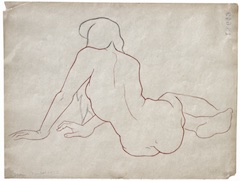 Paper and pencil.  Female nude, long hair, seated on floor, two hands on floor in front of her.  Jean Charlot.