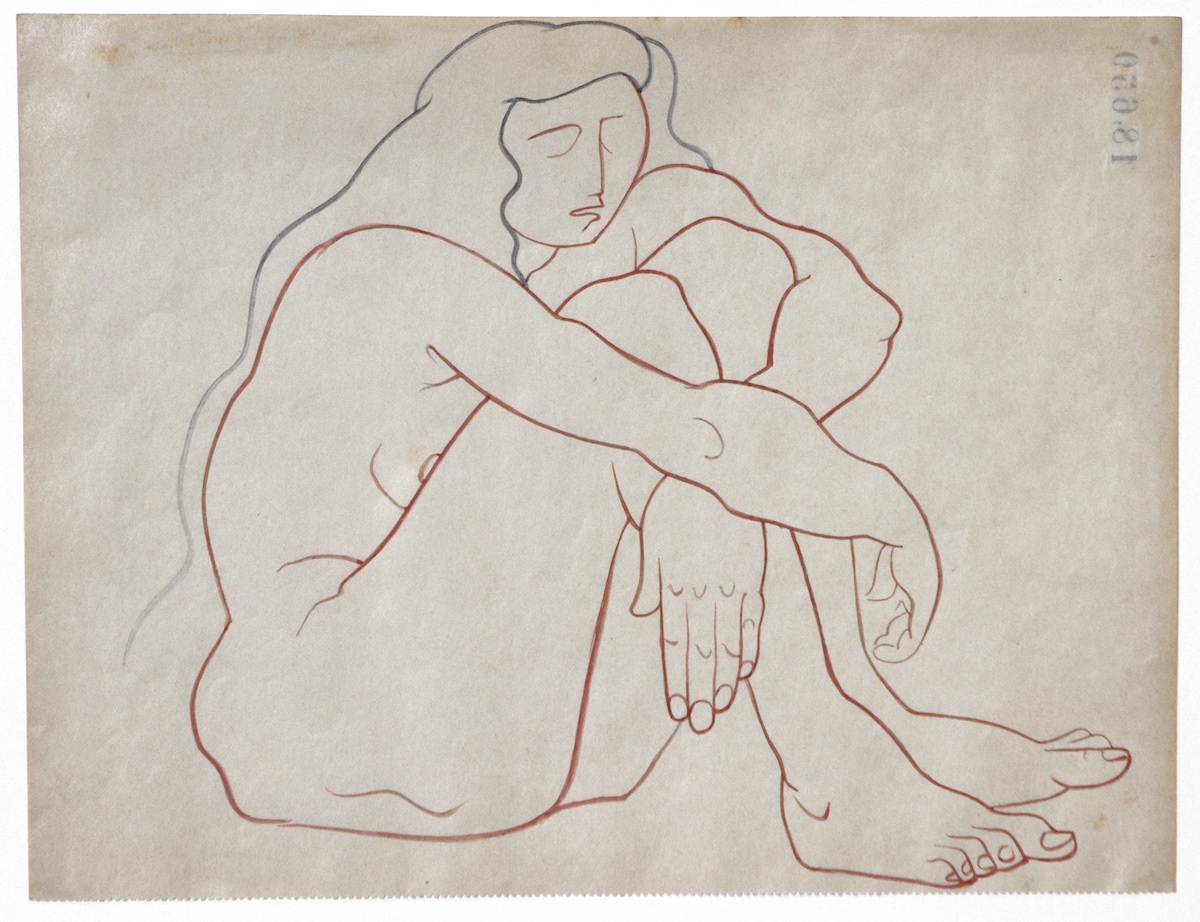 Paper and pencil.  Female nude, long hair, seated on floor, knees up, arms crossed below knees.  Jean Charlot.