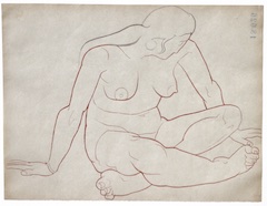 Paper and pencil.  Female nude, long hair, seated on floor, legs crossed, looking down (luz?).  Jean Charlot.