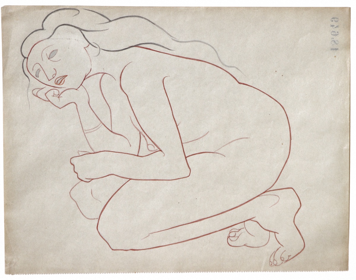 Paper and pencil.  Female nude, long hair, kneeling on floor, chin in hand.  Jean Charlot.