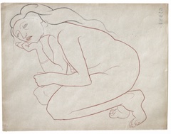 Paper and pencil.  Female nude, long hair, kneeling on floor, chin in hand.  Jean Charlot.