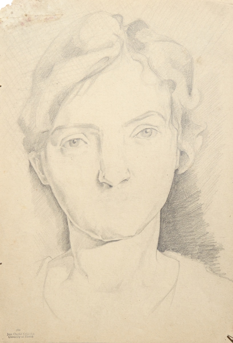 Pencil on paper.  Portrait of Young German Woman, full face, unfinished.  Jean Charlot.