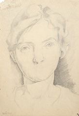 Pencil on paper.  Portrait of Young German Woman, full face, unfinished.  Jean Charlot.