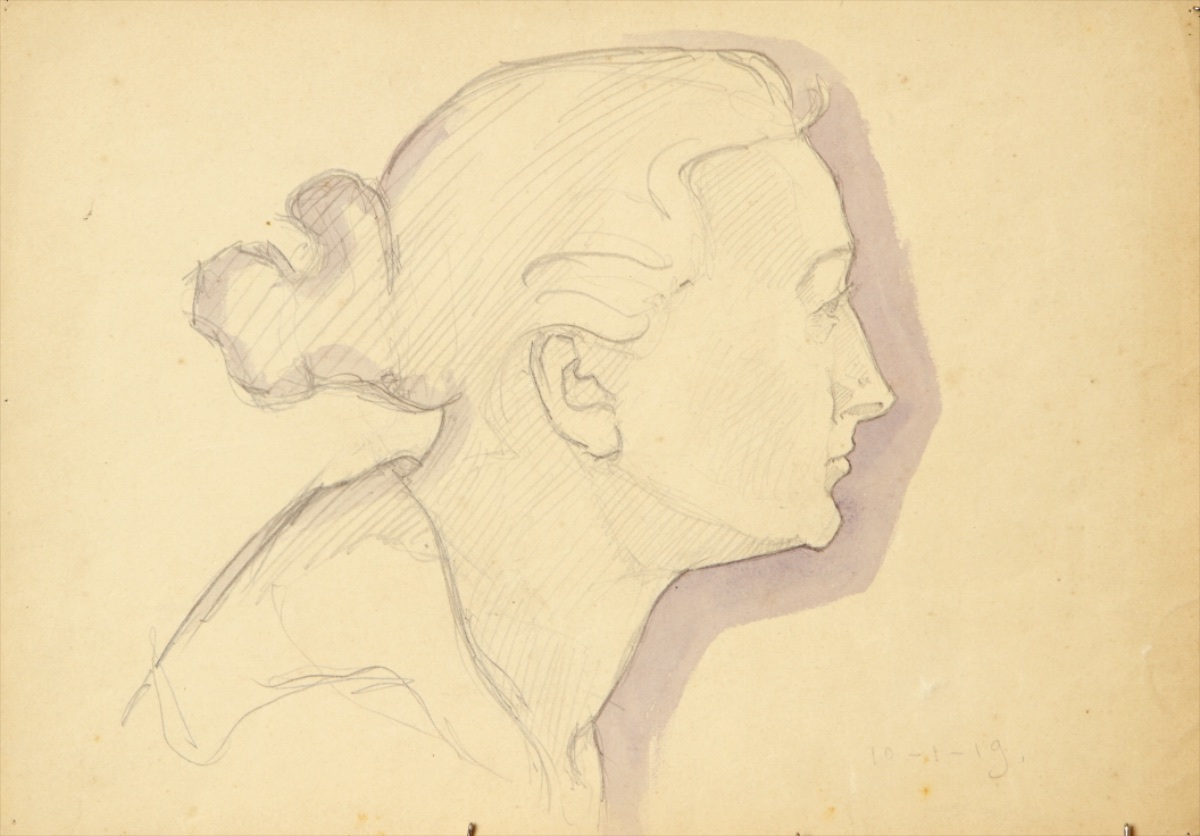 Pencil and purple wash.  Profile of Lotta Kuhn.  Jean Charlot.